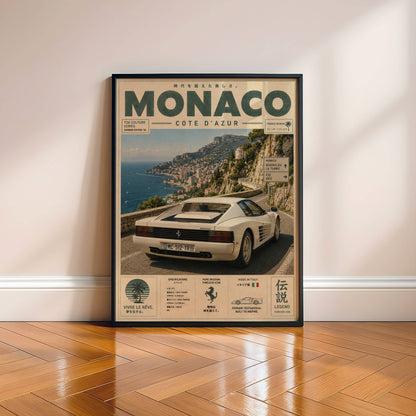 Ferrari Testarossa Monaco Riviera Poster – Affiche Vintage Côte d’Azur & Supercar Italienne