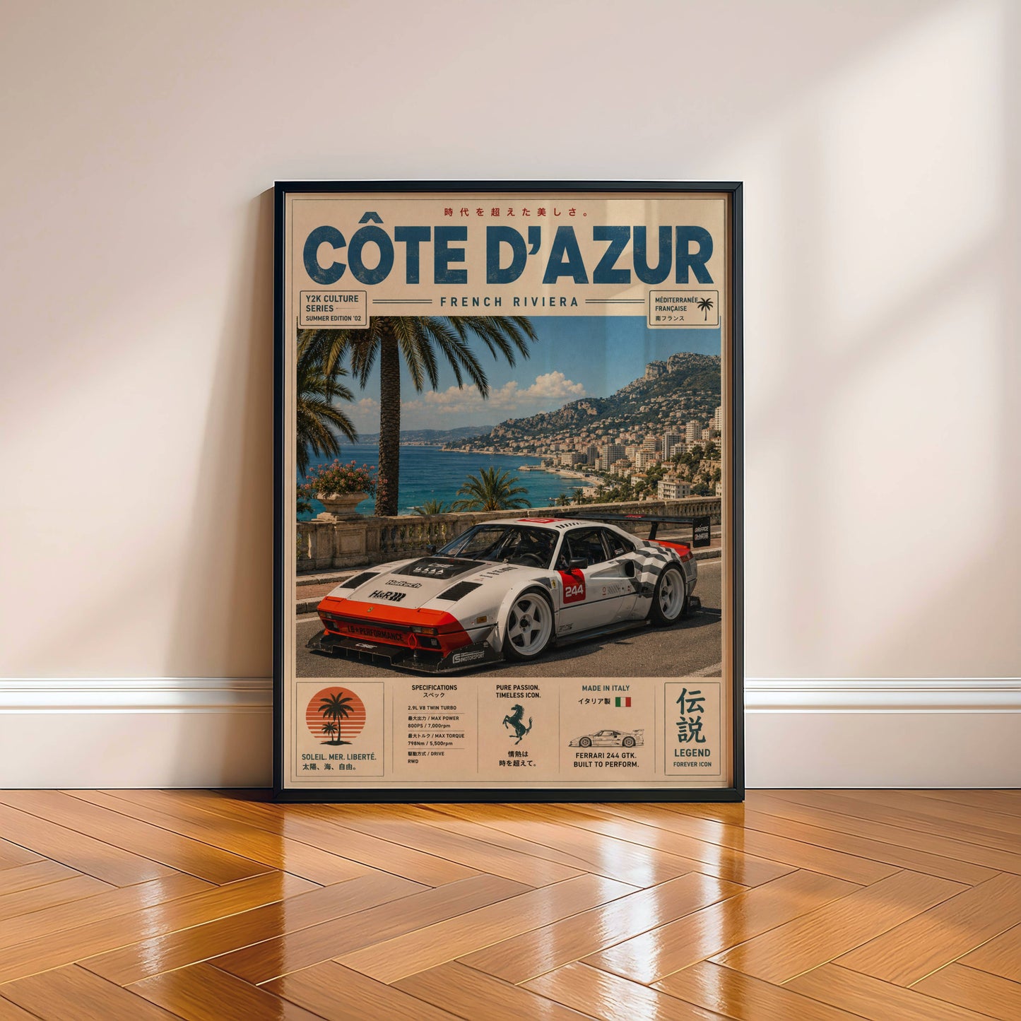 Ferrari 244 GTK Côte d’Azur Poster Vintage – Affiche Riviera Française & Voiture de Collection
