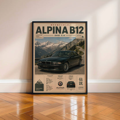 BMW Alpina B12 E38 Mountain Pass Poster – Affiche Automobile Vintage Alpes & Youngtimer de Prestige