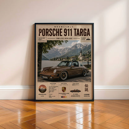 Porsche 911 Targa Alpine Escape Poster – Affiche Vintage Automobile Classique & Paysages de Montagne