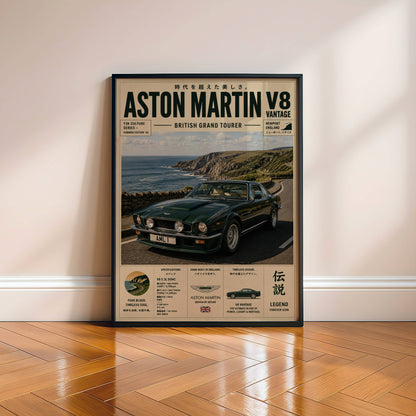 Aston Martin V8 Vantage Coastal Drive Poster – Affiche Automobile Vintage British GT & Road Trip
