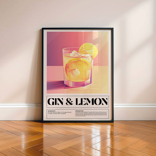 Affiche Cocktail Gin Lemon Vintage Minimaliste – Poster Bar Retro & Deco Cuisine Moderne