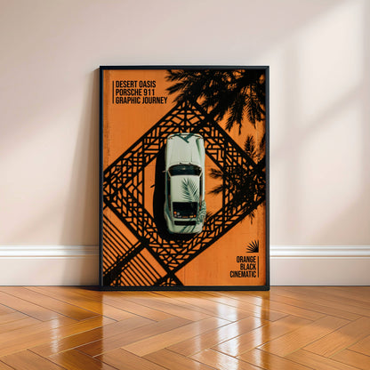 Affiche Porsche 911 Vue Aérienne Vintage – Design Graphique Orange & Noir | Poster Automobile Rétro Premium