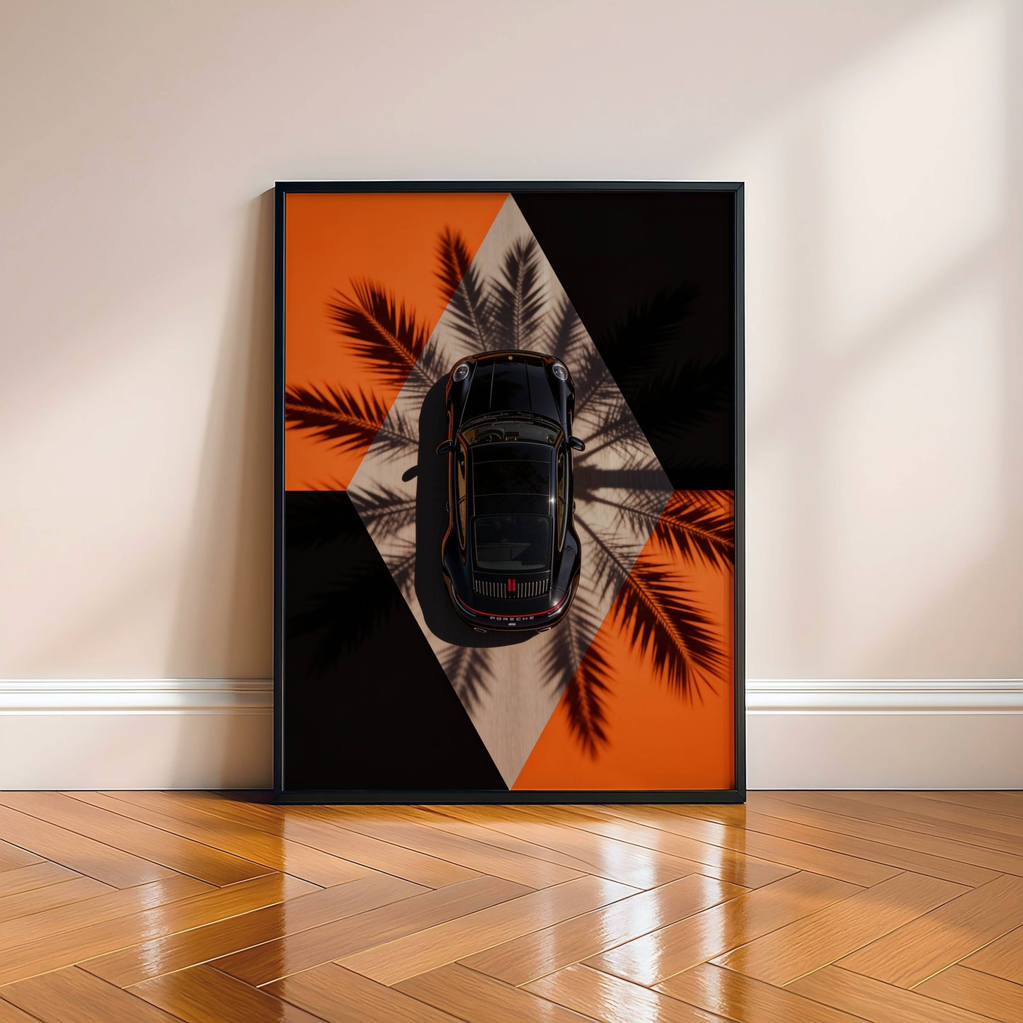 Affiche Porsche Vue Aérienne – Design Graphique Moderne & Ombres de Palmiers | Poster Automobile Premium