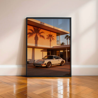 Affiche Porsche Classique devant Villa Moderniste – Architecture de Luxe & Design Rétro | Poster Automobile Premium
