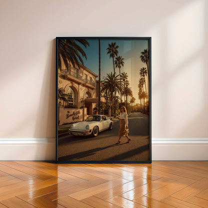 Affiche Porsche 911 Devant Grand Hôtel de Luxe – Élégance Riviera & Lifestyle Premium | Poster Automobile Vintage