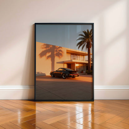 Affiche Porsche 911 Noire & Architecture Contemporaine – Jeu d’Ombres Graphiques et Lumière Dorée | Poster Design Automobile