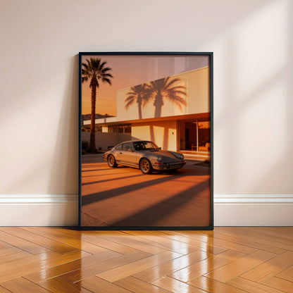 Affiche Porsche 911 au Coucher du Soleil – Lumière Californienne & Ombres de Palmiers | Poster Automobile Vintage Premium