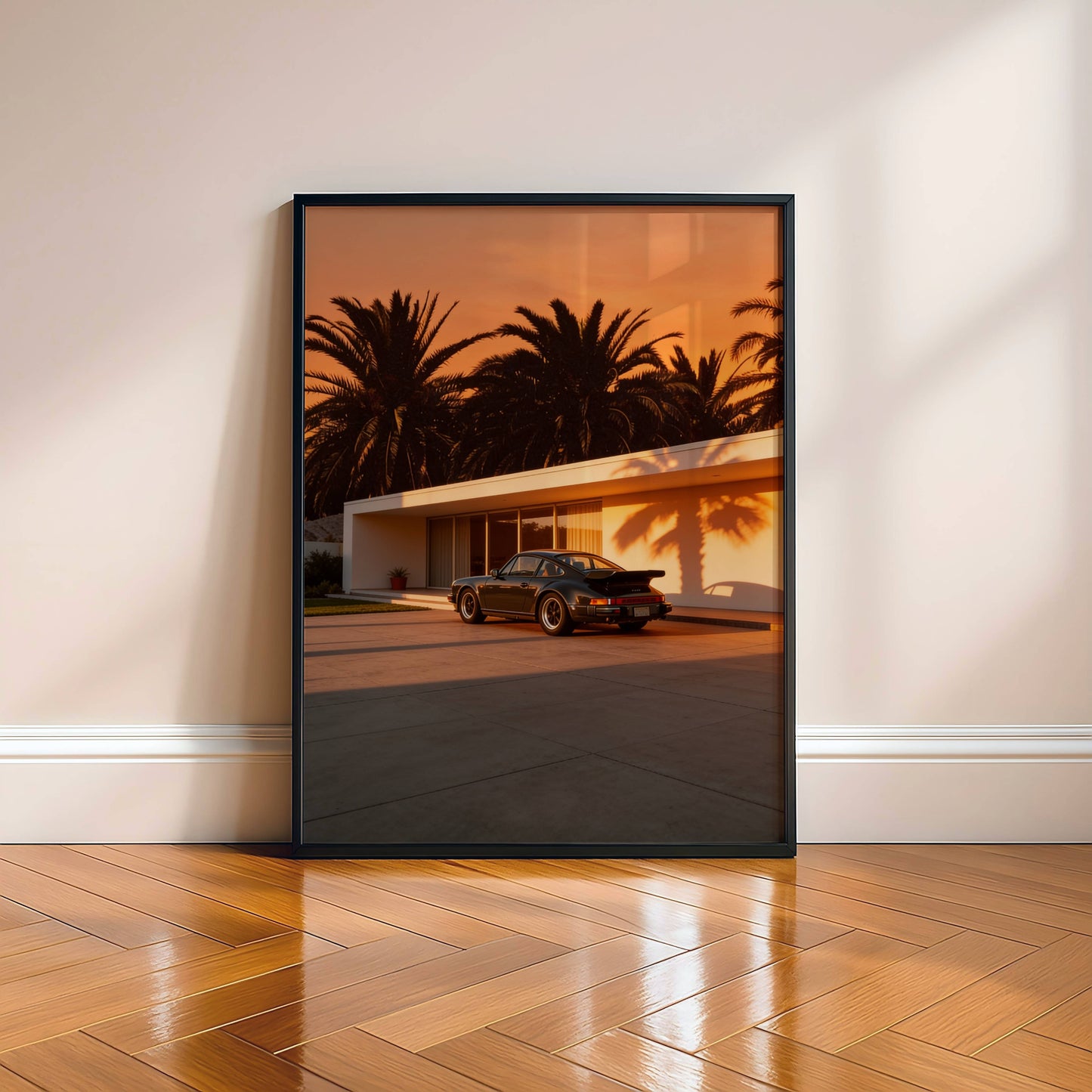Affiche Porsche 911 au Sunset – Ambiance Cinématographique & Palmiers Tropicaux | Poster Automobile Vintage