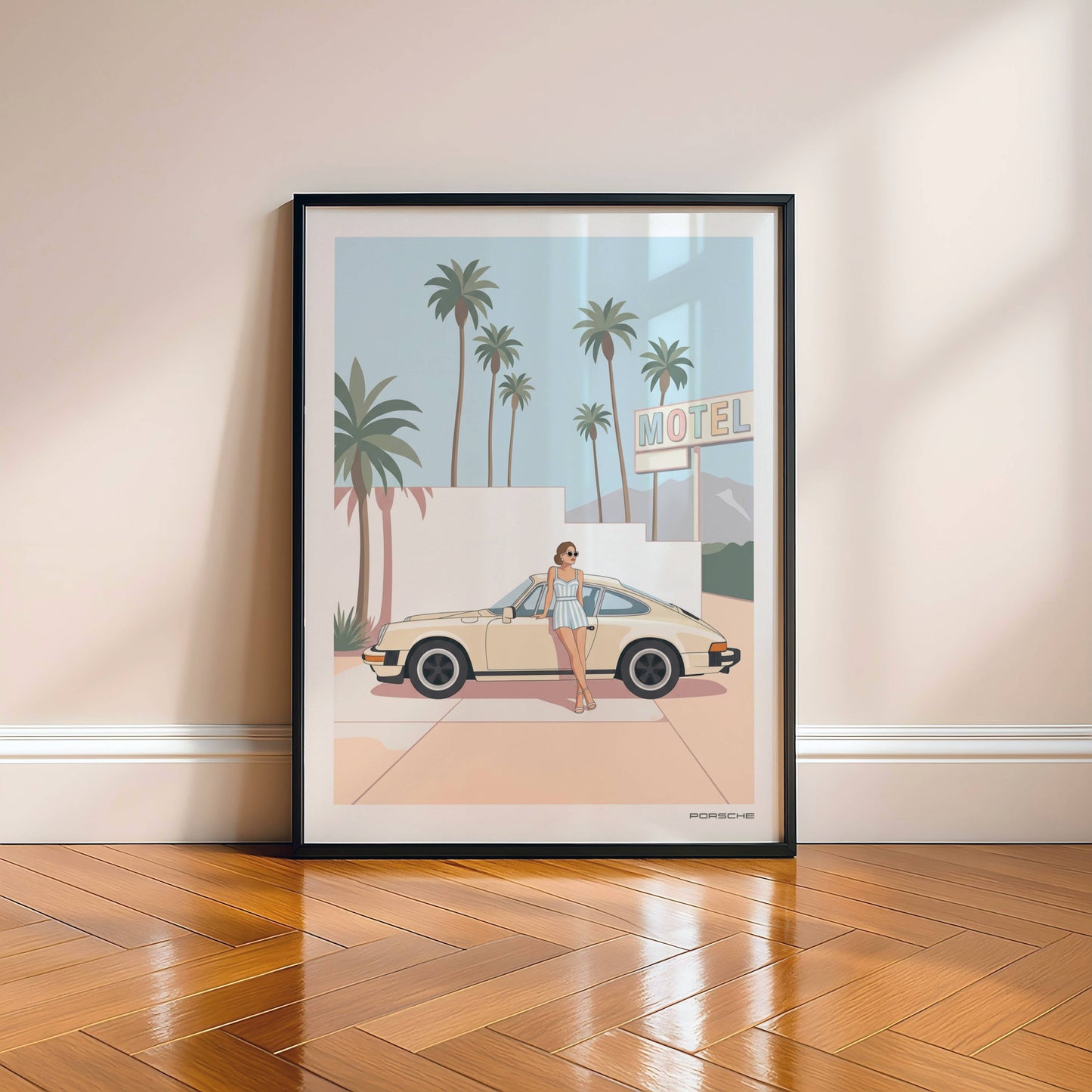 Affiche Porsche Vintage devant Motel Rétro – Californian Dream & Lifestyle Estival | Poster Automobile Chic