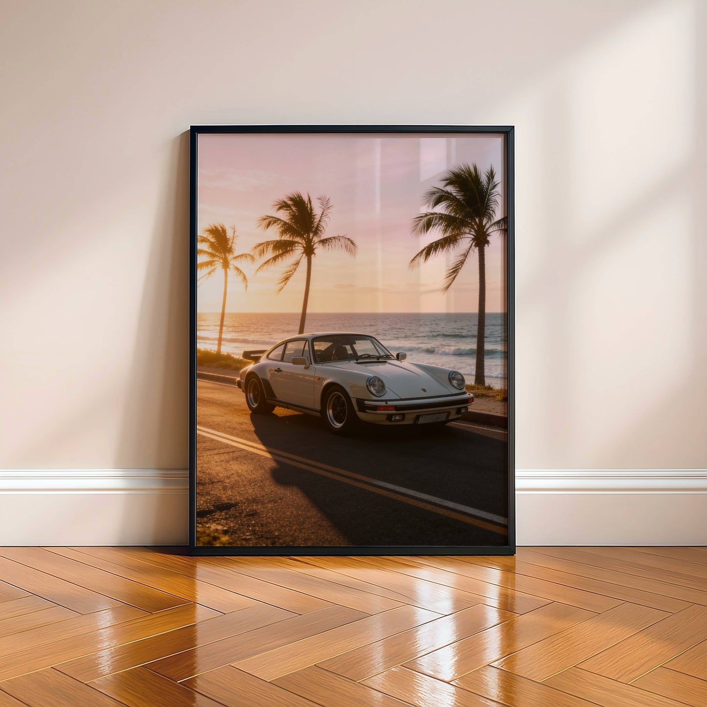 Affiche Porsche Classique en Bord de Mer – Route Côtière au Coucher du Soleil | Poster Automobile Vintage