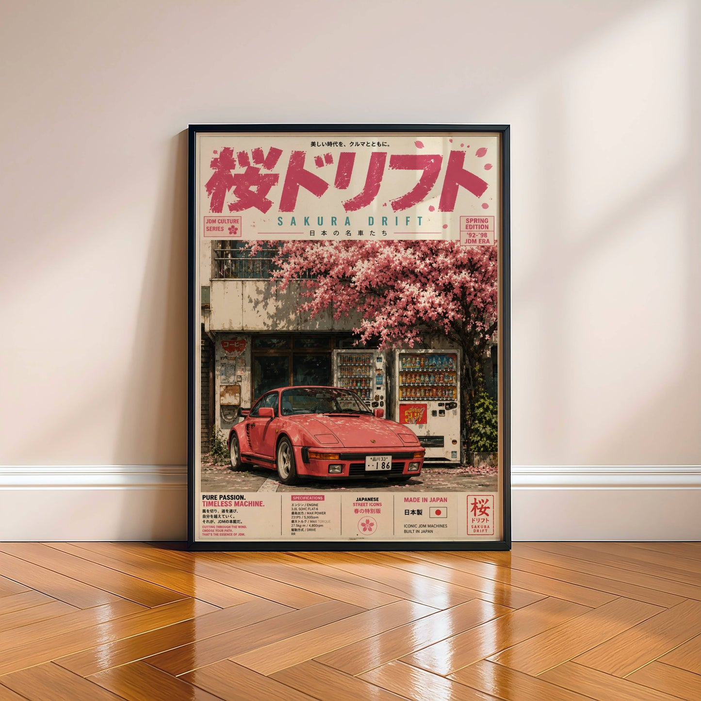 Porsche 944 Sakura Drift Poster Vintage – Affiche JDM Japonaise Rétro Y2K