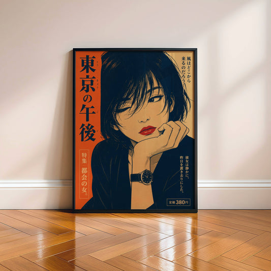 Affiche Tokyo City Pop Vintage | Femme Japonaise Rétro | Poster Manga Y2K | Art Mural Orange & Bleu | Décoration Aesthetic