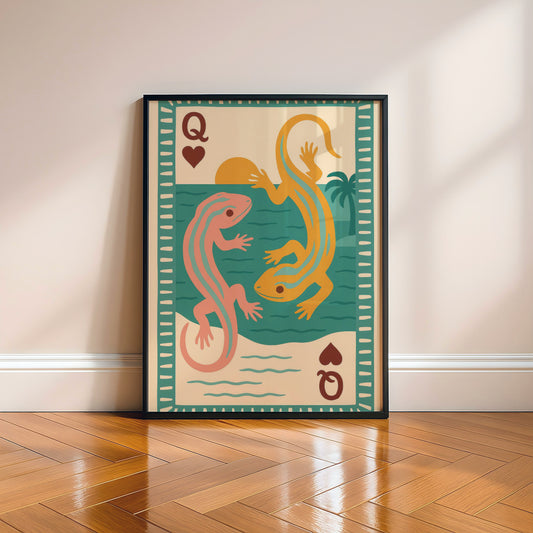 Vintage Gecko Playing Card Poster, Coastal Wall Art, Tropical Lizard Print, Retro Beach Decor, Queen of Hearts Artwork