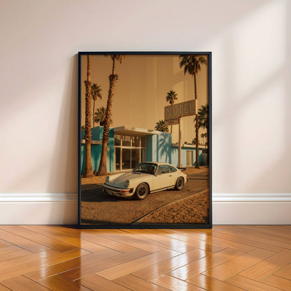 Affiche Porsche 911 devant Motel Vintage – Esprit Road Trip Américain & Architecture Mid-Century | Poster Automobile Rétro