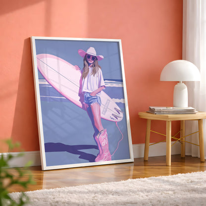 Affiche Surfeuse Vintage sur la Plage – Esprit Surf Bohème et Évasion Côtière | Poster Art Mural