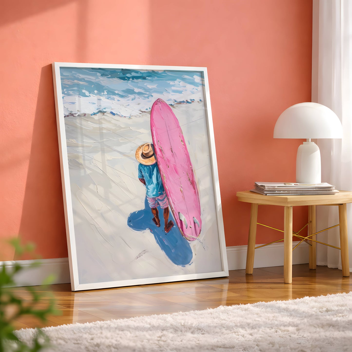 Affiche Trendy Surfeur et Planche Rose – Esprit Plage et Évasion Estivale | Poster sur Papier Mat