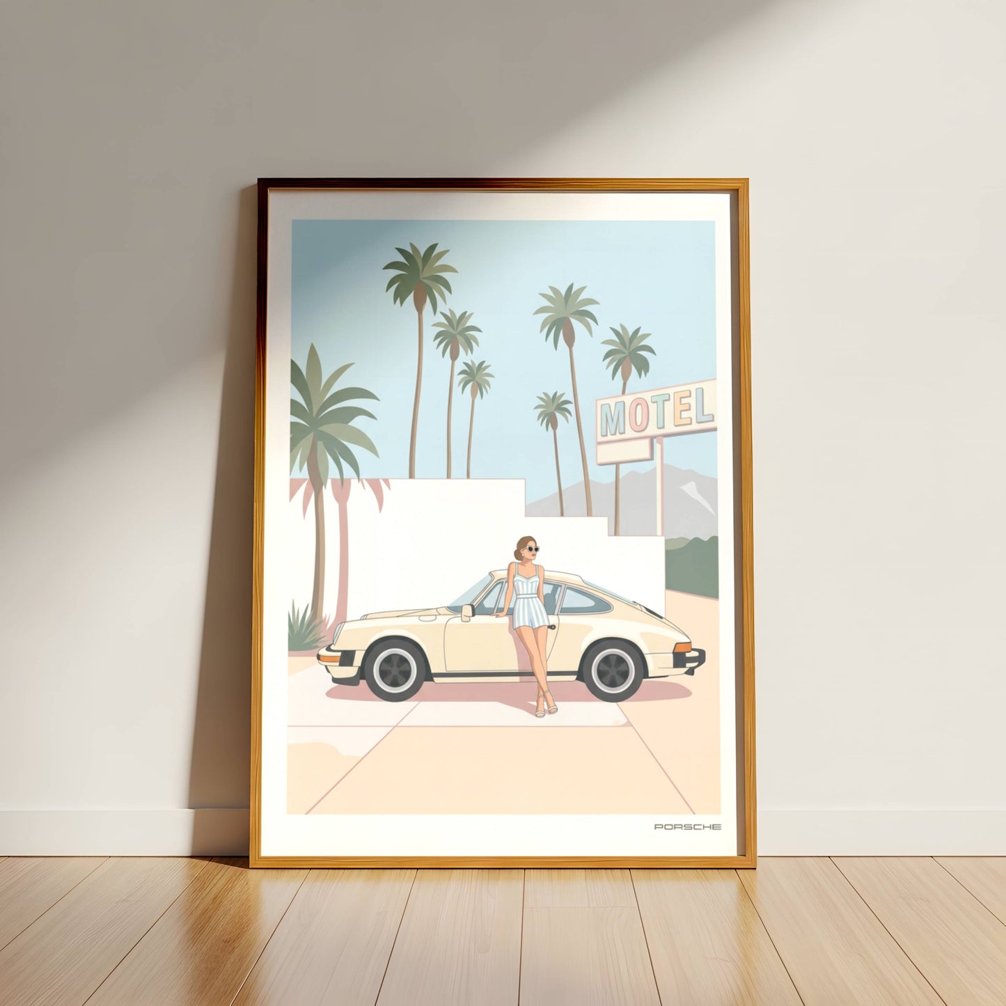 Affiche Porsche Vintage devant Motel Rétro – Californian Dream & Lifestyle Estival | Poster Automobile Chic