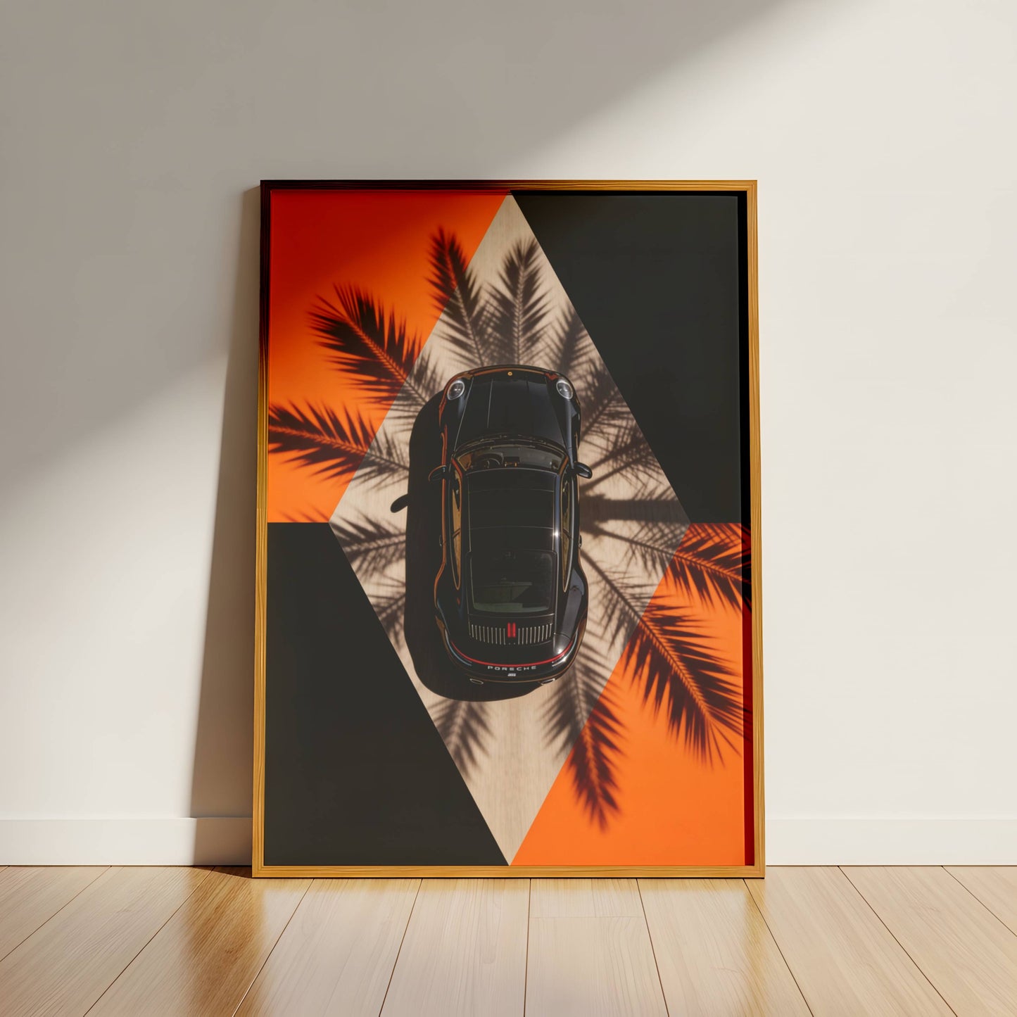Affiche Porsche Vue Aérienne – Design Graphique Moderne & Ombres de Palmiers | Poster Automobile Premium