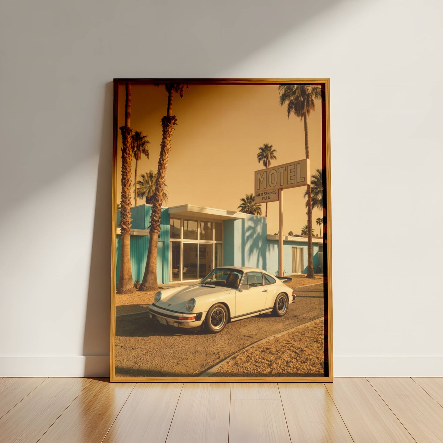 Affiche Porsche 911 devant Motel Vintage – Esprit Road Trip Américain & Architecture Mid-Century | Poster Automobile Rétro