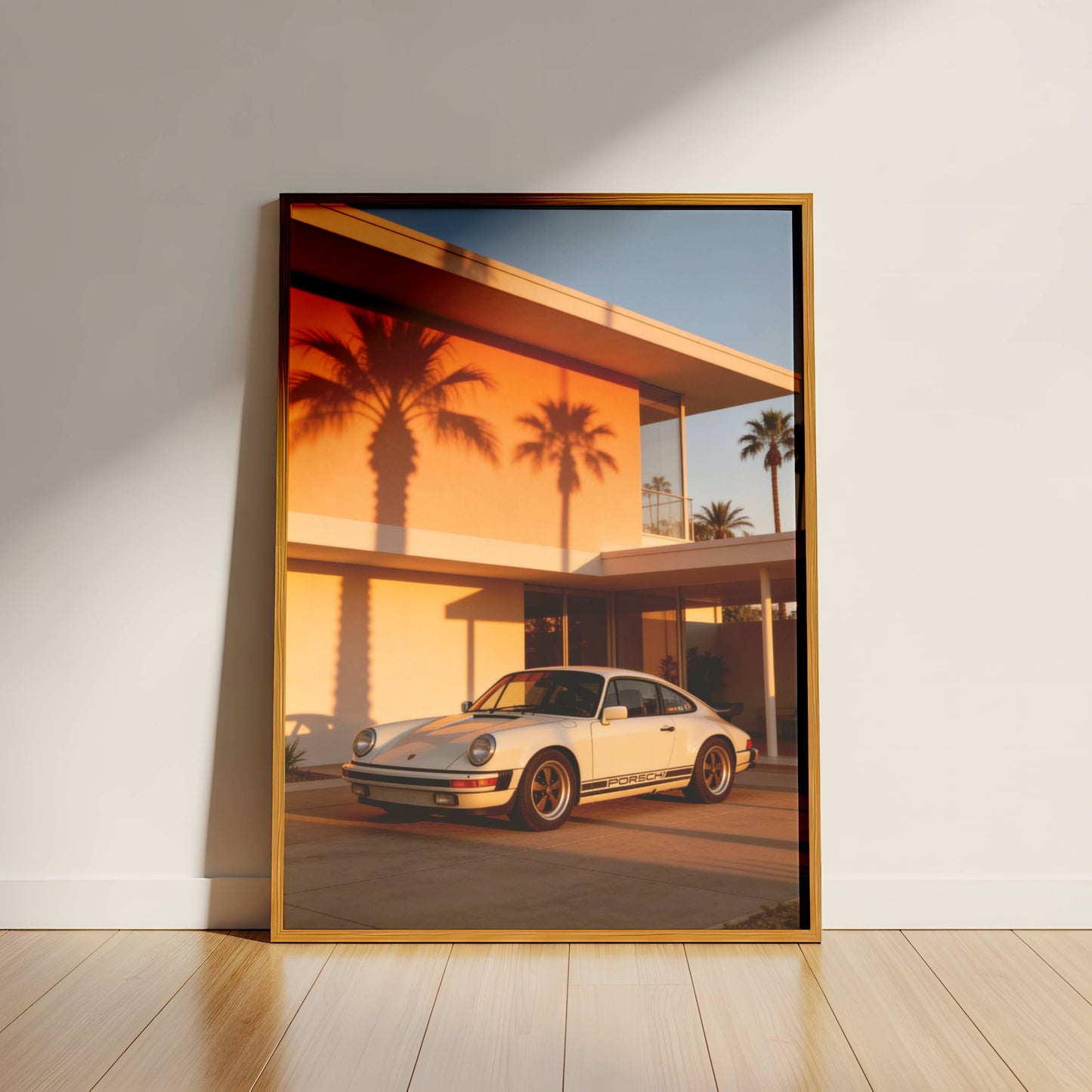 Affiche Porsche Classique devant Villa Moderniste – Architecture de Luxe & Design Rétro | Poster Automobile Premium