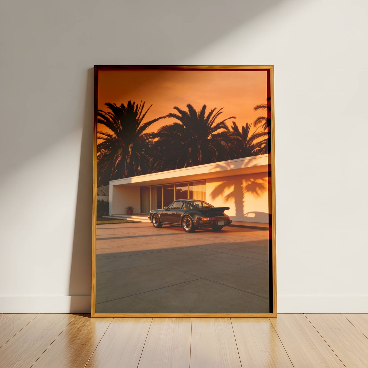 Affiche Porsche 911 au Sunset – Ambiance Cinématographique & Palmiers Tropicaux | Poster Automobile Vintage
