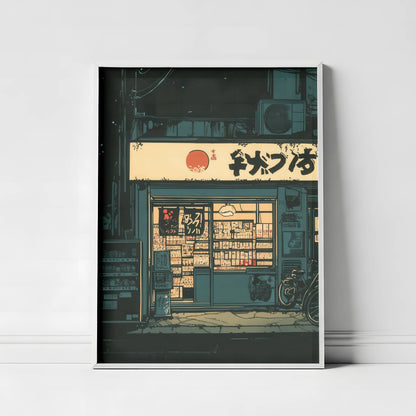 Affiche devanture japonaise illuminée – Commerce traditionnel de Tokyo – Art mural rétro – Décoration ambiance nocturne