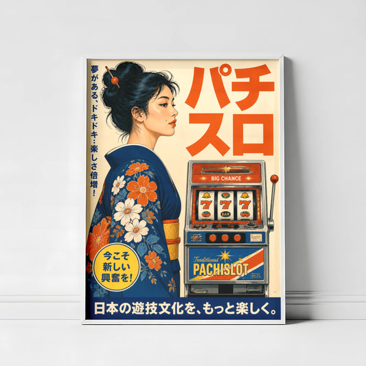 Affiche Machine à Sous Japonaise Vintage | Art Rétro Pachislot | Décoration Salle de Jeux