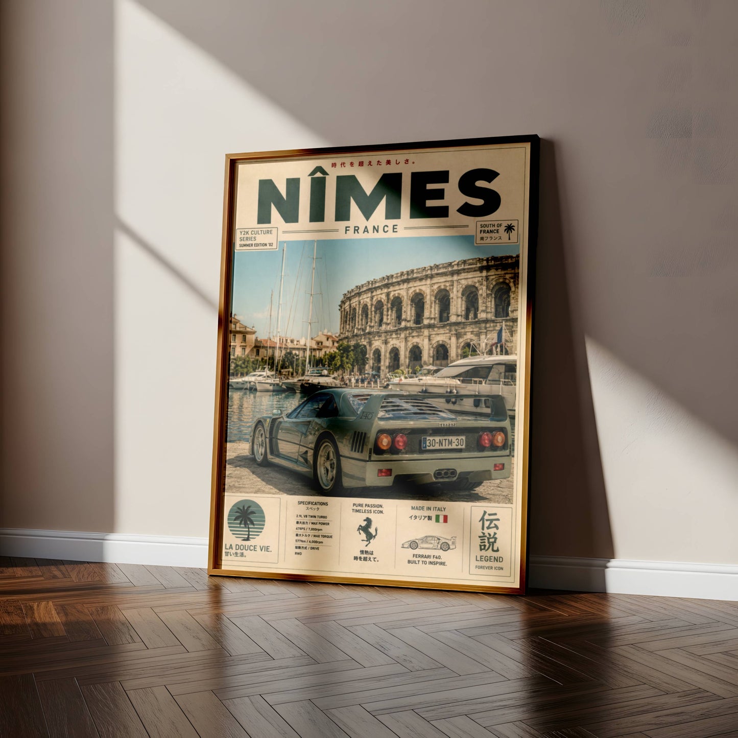 Ferrari F40 Nîmes Vintage Travel Poster – Affiche Automobile Rétro France & Supercar Iconique
