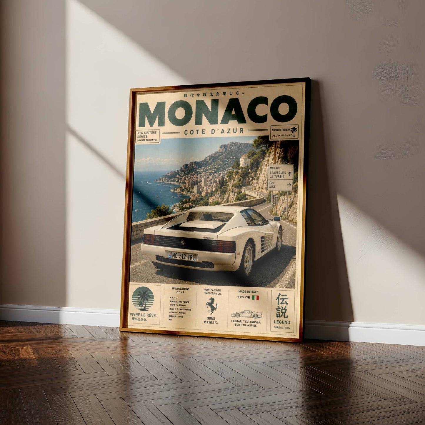Ferrari Testarossa Monaco Riviera Poster – Affiche Vintage Côte d’Azur & Supercar Italienne