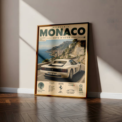 Ferrari Testarossa Monaco Riviera Poster – Affiche Vintage Côte d’Azur & Supercar Italienne
