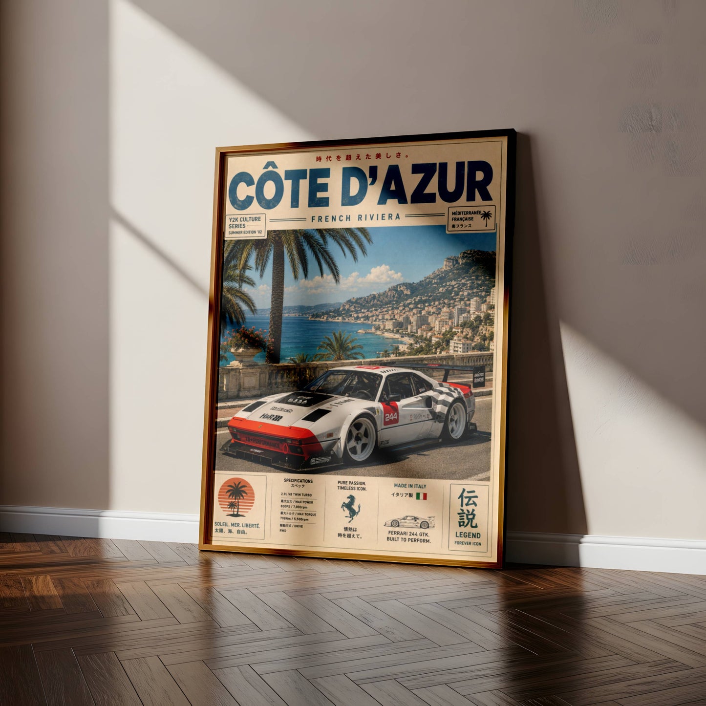 Ferrari 244 GTK Côte d’Azur Poster Vintage – Affiche Riviera Française & Voiture de Collection