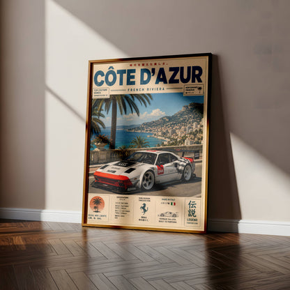 Ferrari 244 GTK Côte d’Azur Poster Vintage – Affiche Riviera Française & Voiture de Collection