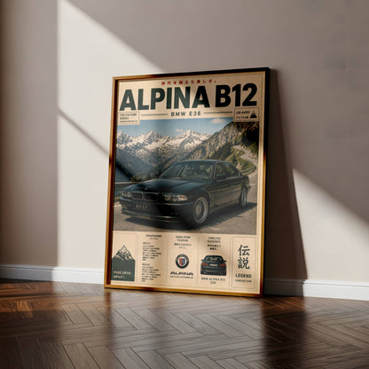 BMW Alpina B12 E38 Mountain Pass Poster – Affiche Automobile Vintage Alpes & Youngtimer de Prestige