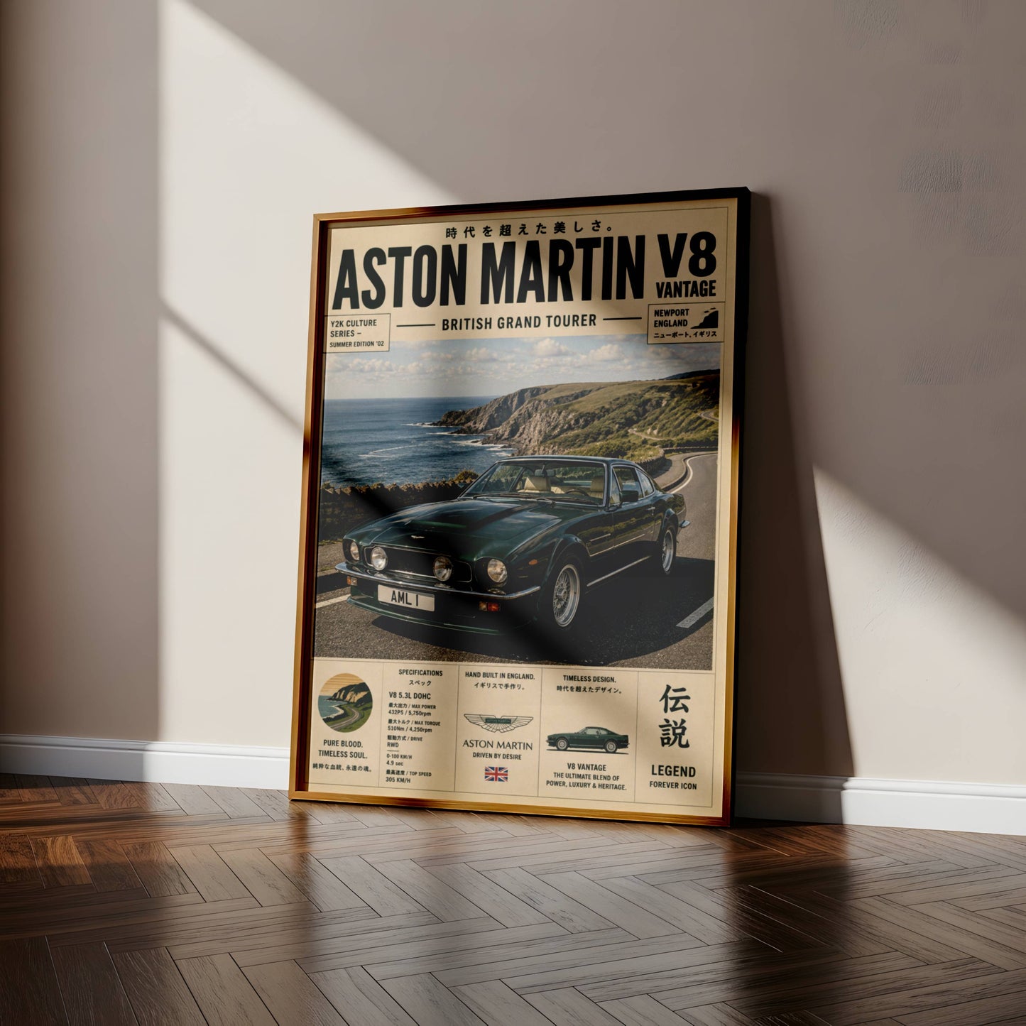 Aston Martin V8 Vantage Coastal Drive Poster – Affiche Automobile Vintage British GT & Road Trip