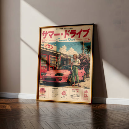 Toyota Supra MK4 Summer Drive Poster – Affiche JDM Japonaise Vintage Rose Style Y2K