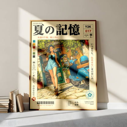 Mediterranean Summer Stroll – Y2K Scooter Girl Poster, Vintage Coastal Village, Anime Aesthetic Wall Art