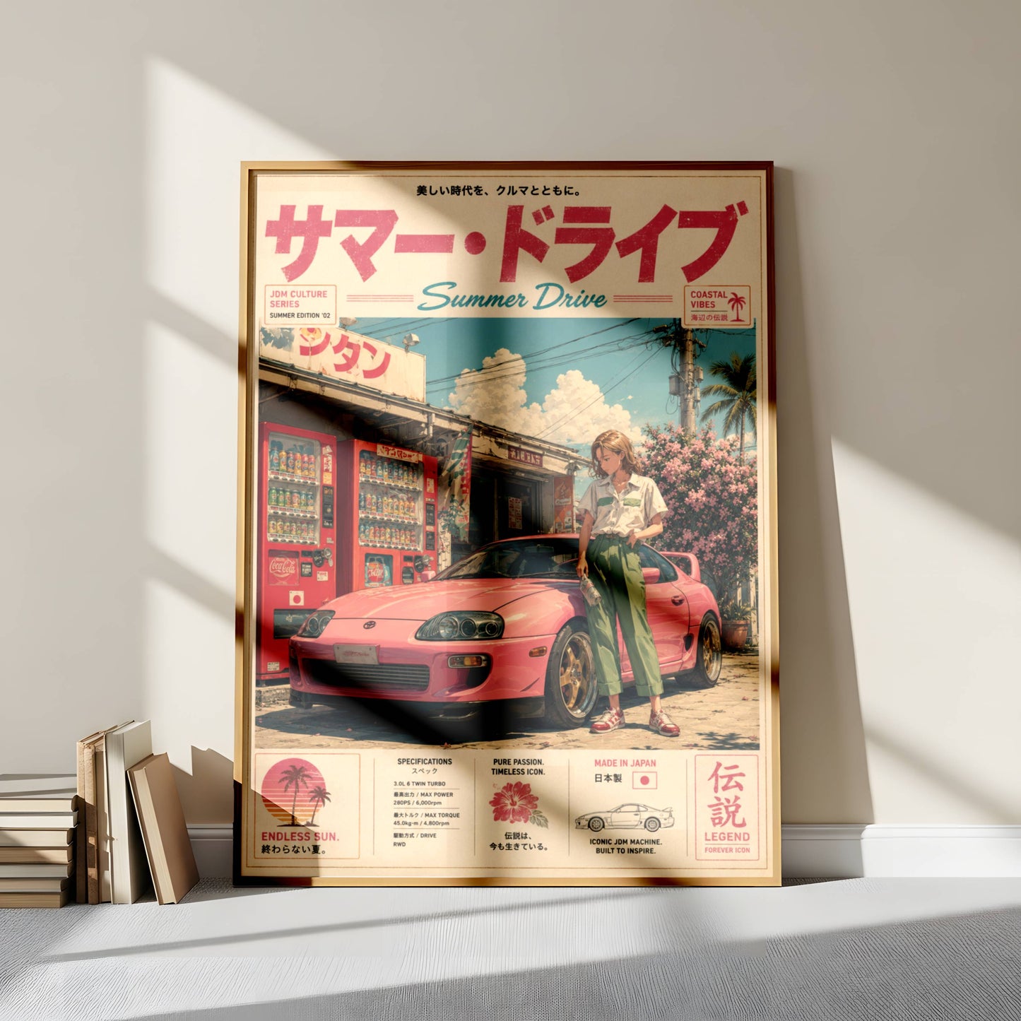 Toyota Supra MK4 Summer Drive Poster – Affiche JDM Japonaise Vintage Rose Style Y2K
