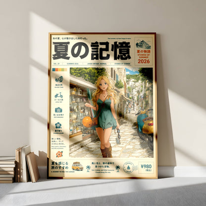 Golden Hour Stroll – Y2K Mediterranean Summer Poster, Blonde Girl in Coastal Village, Vintage Holiday Magazine Cover Art
