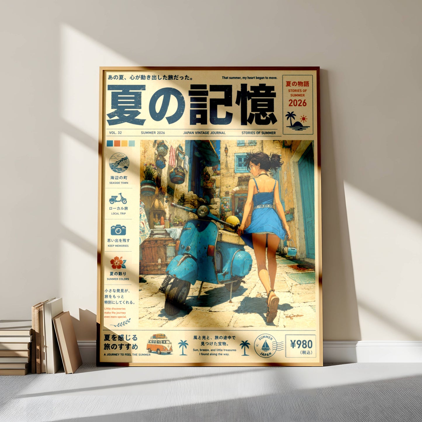Azure Scooter Getaway – Y2K Summer Poster, Blue Vespa & Mediterranean Alley, Vintage Coastal Holiday Wall Art