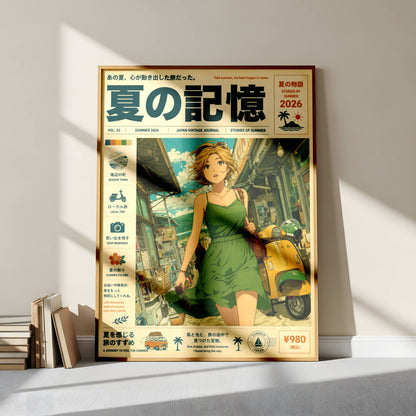 Emerald Summer Runaway – Y2K Coastal Poster, Green Dress Girl & Yellow Vespa, Mediterranean Village Wall Art