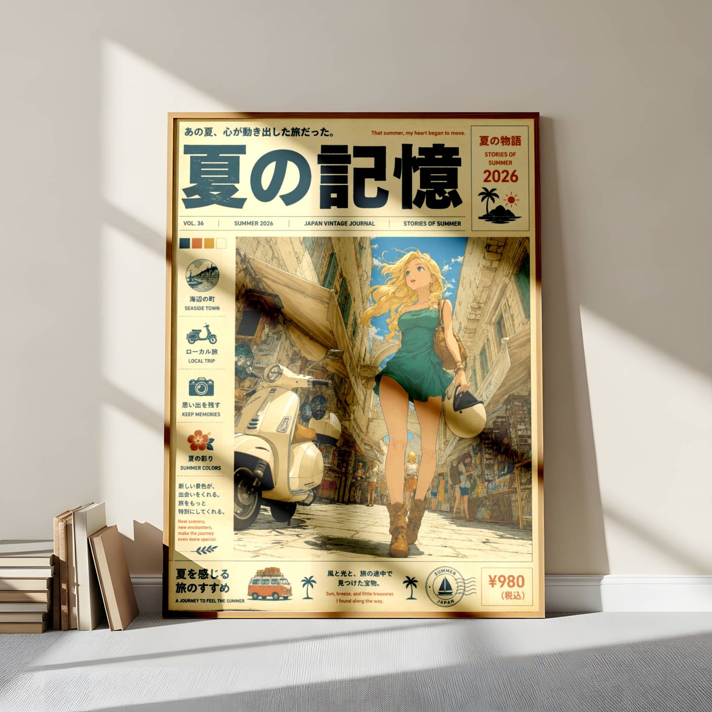 Scooter Alley Daydream – Y2K Summer Girl Poster, Blonde Traveler in Mediterranean Streets, Vintage Coastal Wall Art