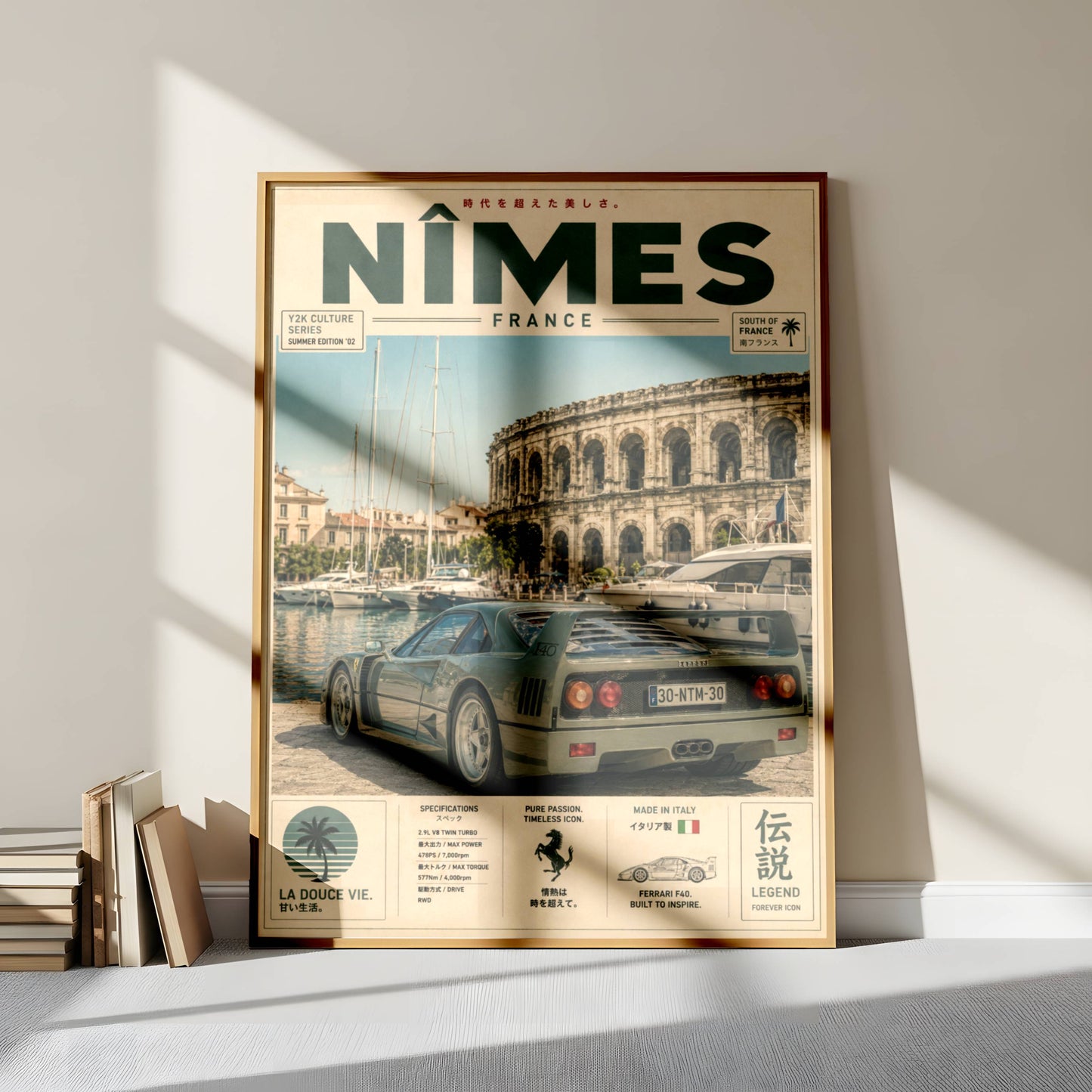 Ferrari F40 Nîmes Vintage Travel Poster – Affiche Automobile Rétro France & Supercar Iconique
