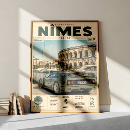 Ferrari F40 Nîmes Vintage Travel Poster – Affiche Automobile Rétro France & Supercar Iconique