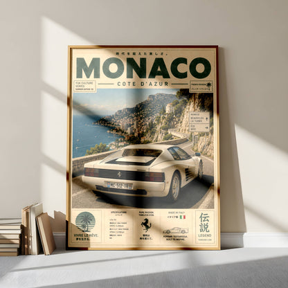 Ferrari Testarossa Monaco Riviera Poster – Affiche Vintage Côte d’Azur & Supercar Italienne