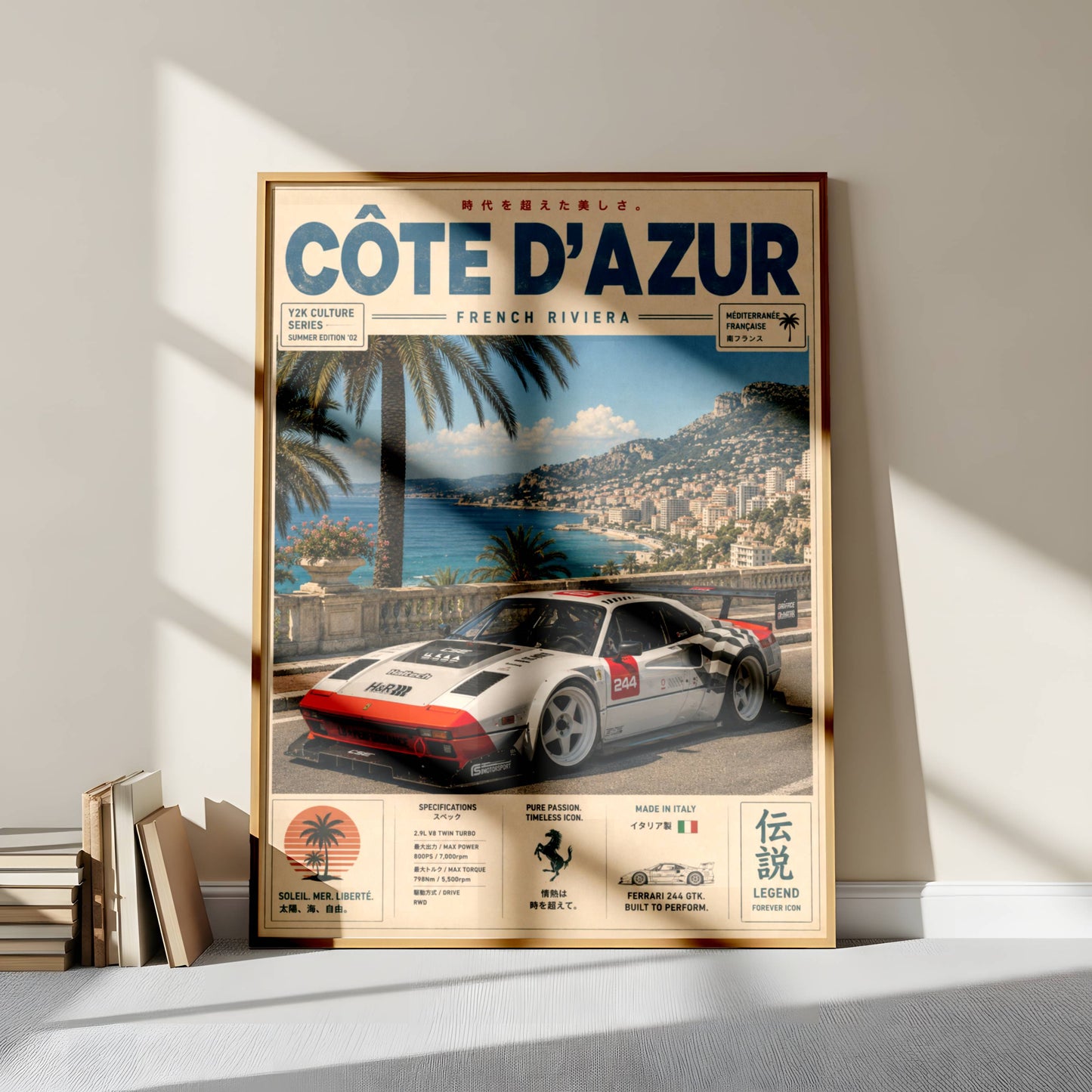 Ferrari 244 GTK Côte d’Azur Poster Vintage – Affiche Riviera Française & Voiture de Collection