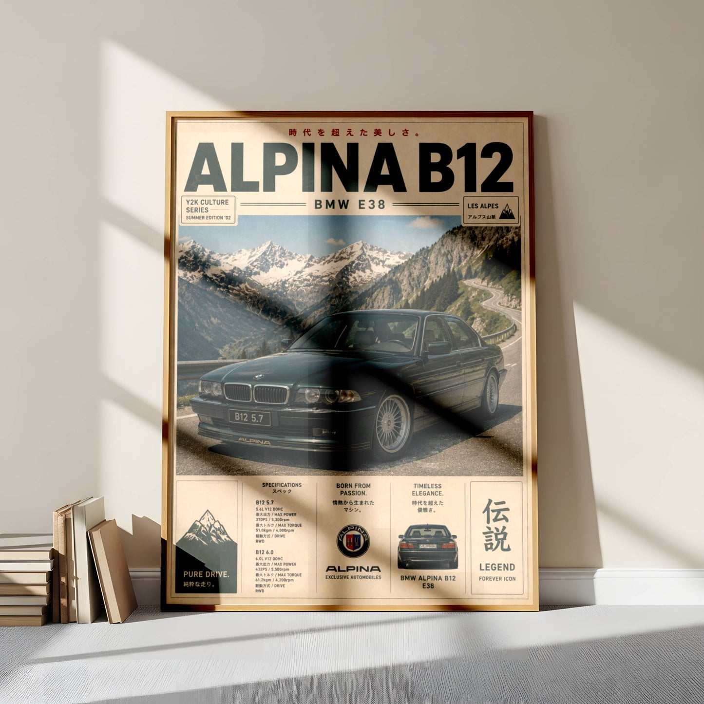 BMW Alpina B12 E38 Mountain Pass Poster – Affiche Automobile Vintage Alpes & Youngtimer de Prestige