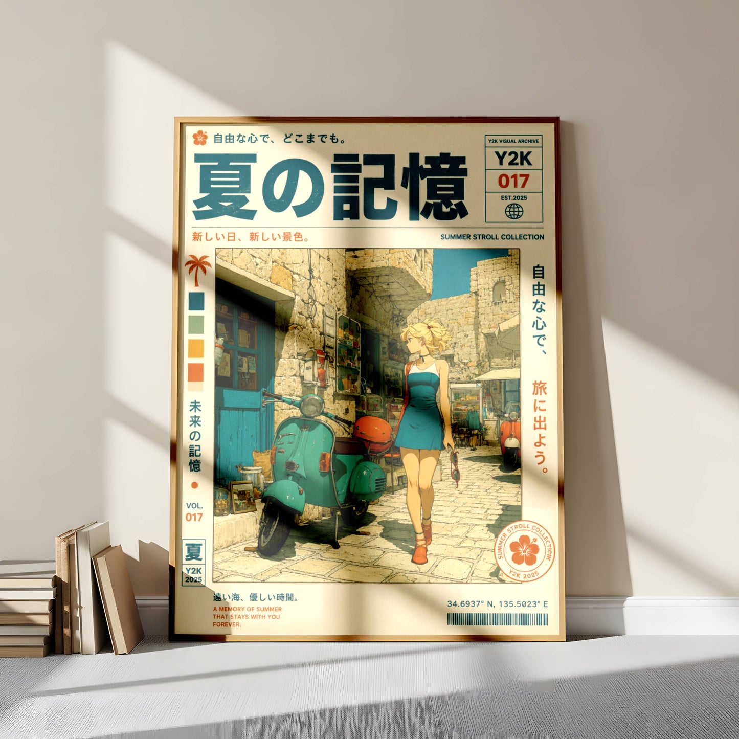 Scooter Rendez-vous – Y2K Summer Girl Poster, Mediterranean Stone Village, Vintage Vespa Aesthetic, Coastal Holiday Wall Art