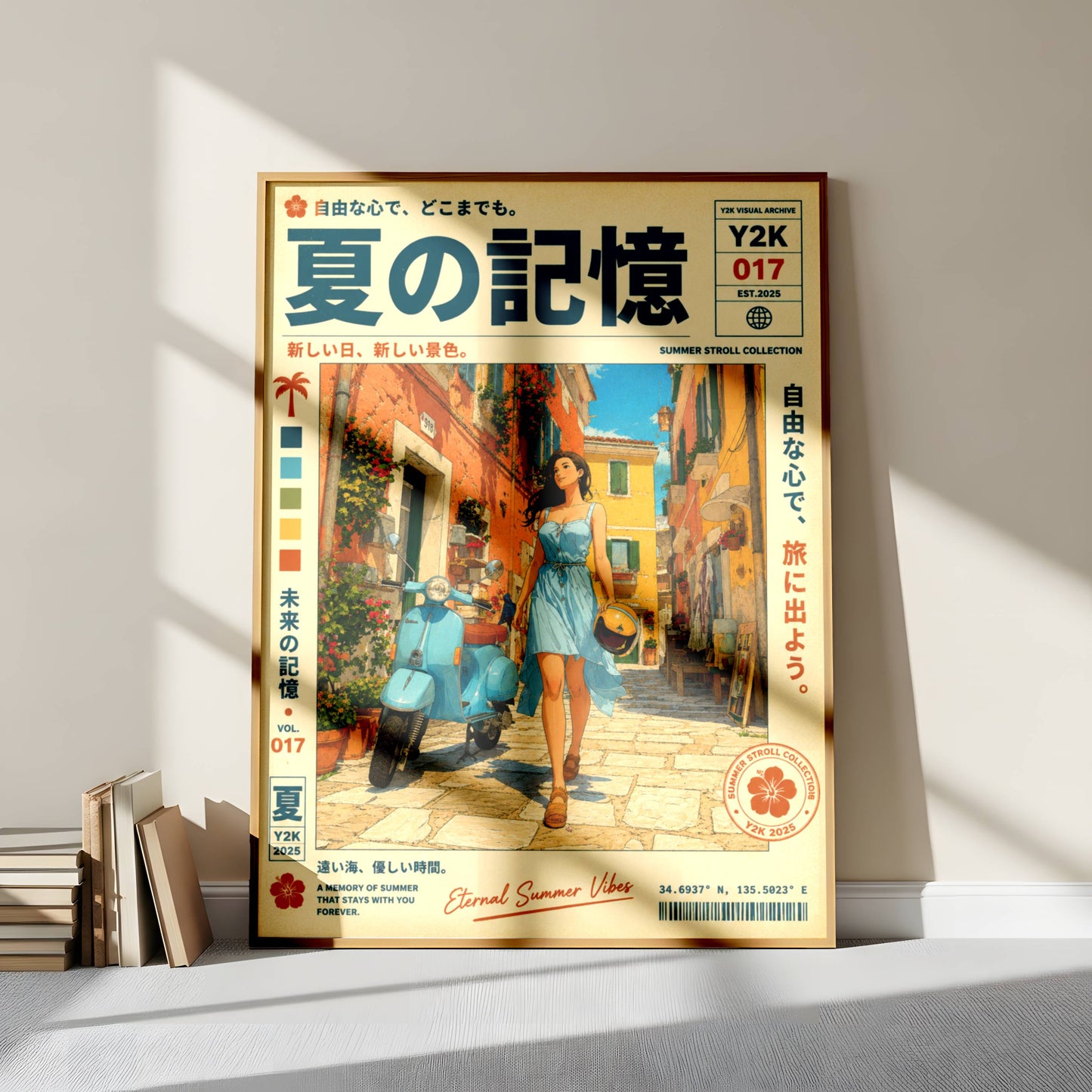 Sunlit Vespa Boulevard – Y2K Mediterranean Summer Poster, Blue Scooter Girl, Coastal Village Wanderlust, Vintage Travel Art