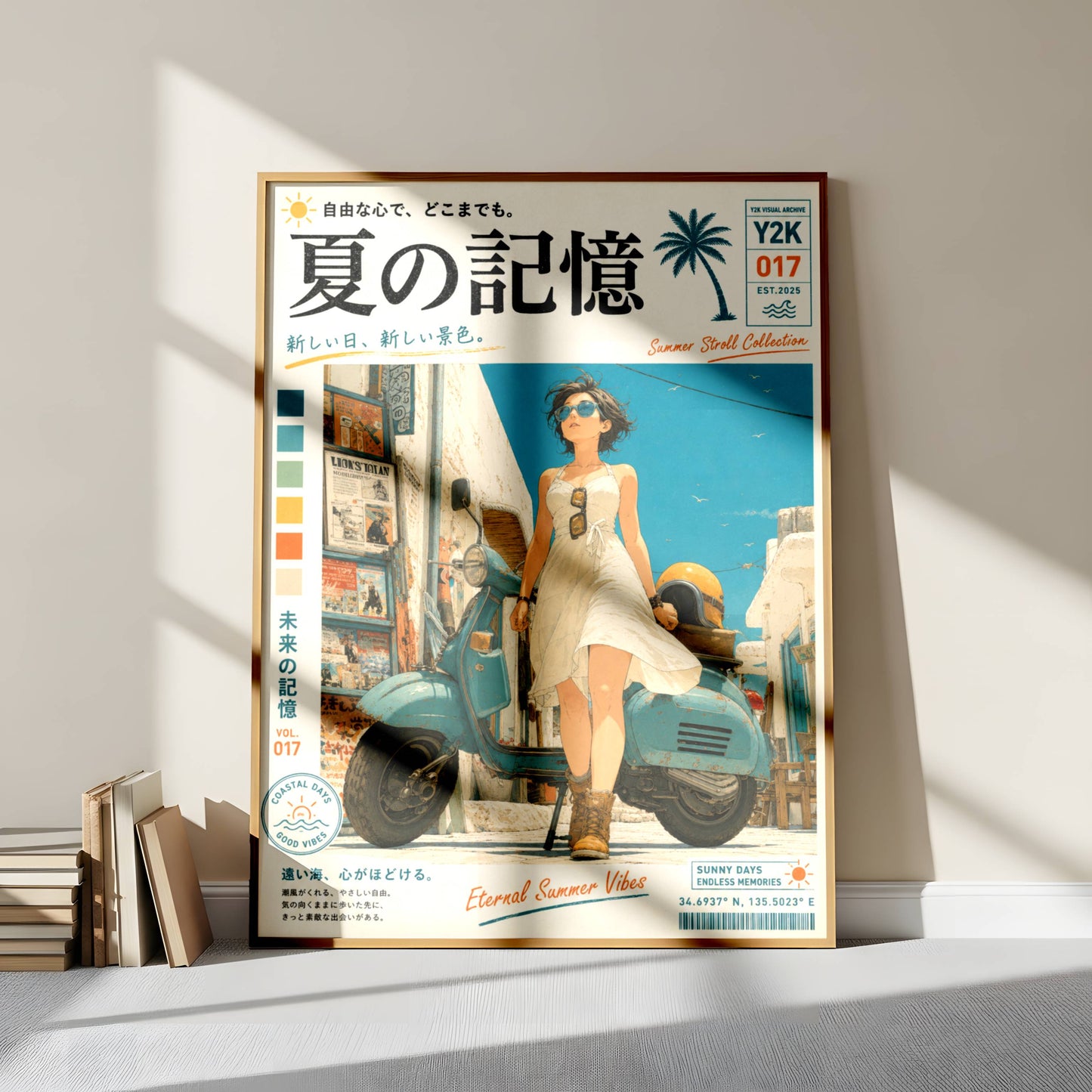 White Dress, Blue Horizons – Y2K Mediterranean Summer Poster, Vintage Scooter Aesthetic, Seaside Escape Wall Art, Coastal Dreamscape